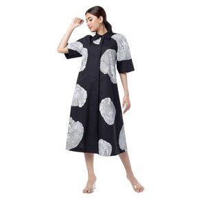 Lovebirds Hand Block Printed Shirt Dress Womens Small White Black Midi Cotton